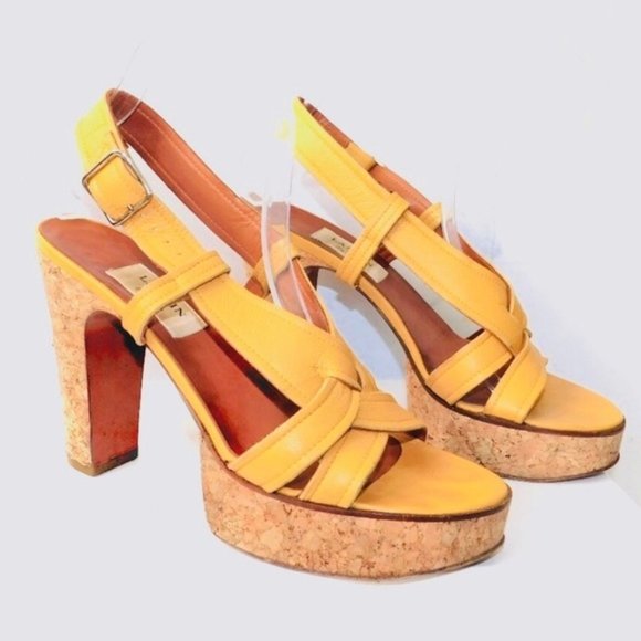 Lanvin Yellow Gold leather cork platform heels